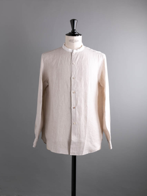 Aquellos Ojos Verdes BISHU | DRESSED LINEN BAND COLLAR SHIRT Ivory × White リネンクレリックバンドカラーシャツ