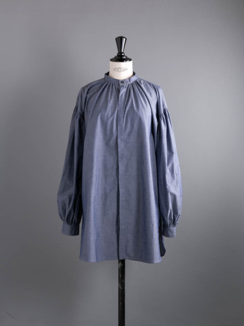 HONNETE | BAND COLLAR GATHER SHIRTS COTTON SILK CHAMBRAY Indigo シャンブレーギャザーバルーンシャツの商品画像