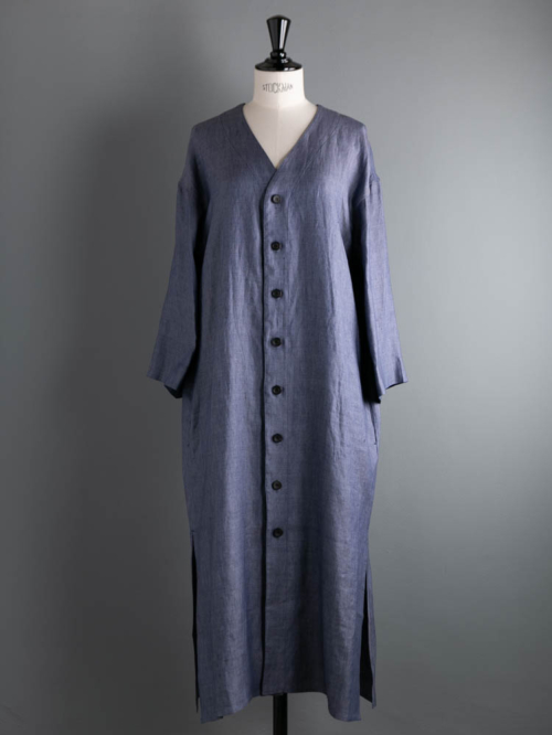 POSTELEGANT | LINEN CHAMBRAY OPEN DRESS Blue Grey リネンシャンブレーオープンワンピース