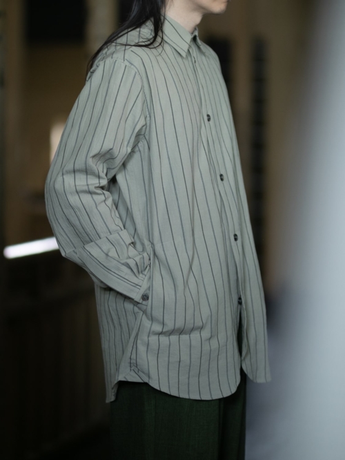 FRANK LEDER | WASHED STRIPED COTTON/LINEN SIDE POCKET SHIRT 83:Beige ストライプコットンリネンサイドポケット付きシャツ