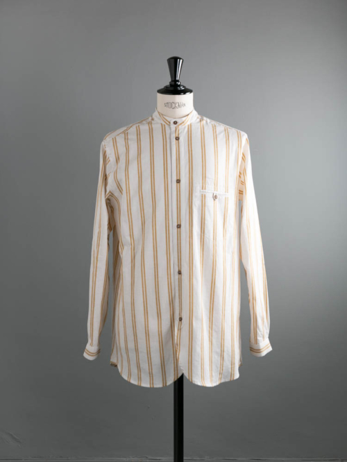 FRANK LEDER | STRIPED COTTON / LINEN OLD STYLE STAND COLLAR SHIRT 80:Natural ストライプコットンリネンスタンドカラーシャツの商品画像